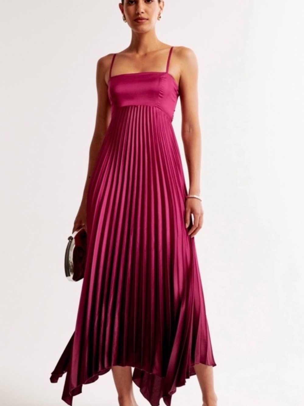 Abercrombie Spaghetti-Strap Pleated Magenta Midi Dress